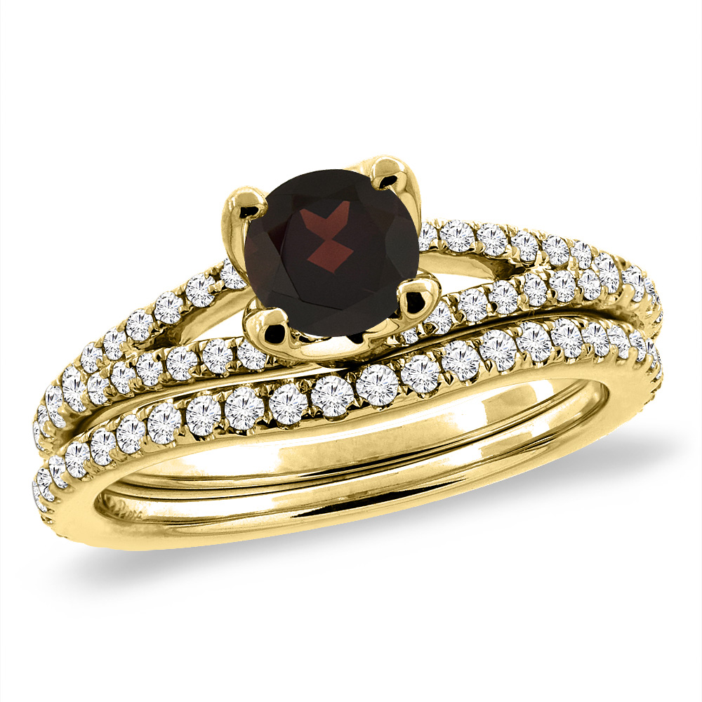 14K Yellow Gold Diamond Natural Garnet 2pc Engagement Ring Set Round 5 mm, sizes 5-10