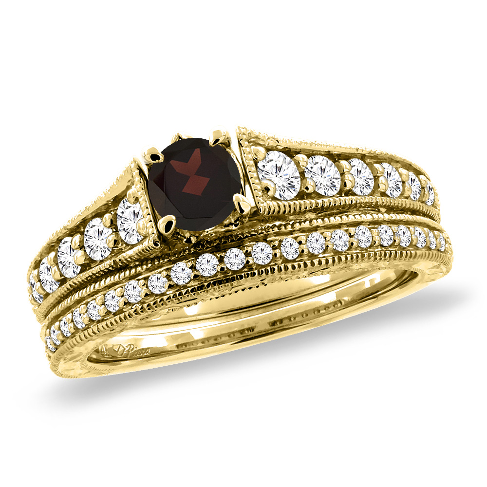14K Yellow Gold Diamond Natural Garnet 2pc Engagement Ring Set Round 5 mm, sizes 5-10