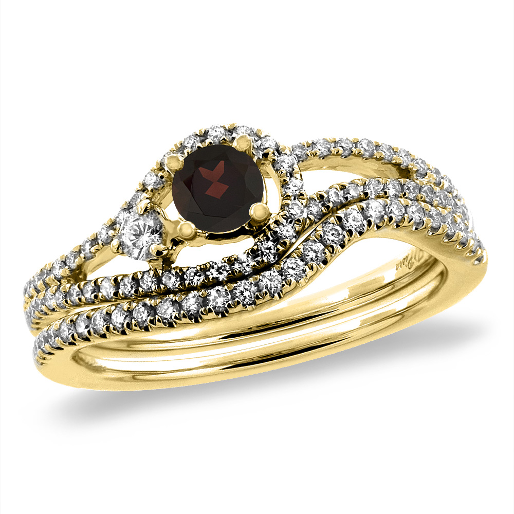 14K Yellow Gold Diamond Natural Garnet 2pc Engagement Ring Set Round 5 mm, sizes 5-10