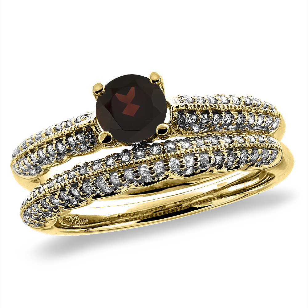 14K Yellow Gold Diamond Natural Garnet 2pc Engagement Ring Set Round 5 mm, sizes 5-10