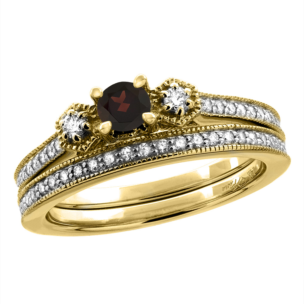 14K Yellow Gold Diamond Natural Garnet 2pc Engagement Ring Set Round 4 mm, sizes 5 - 10