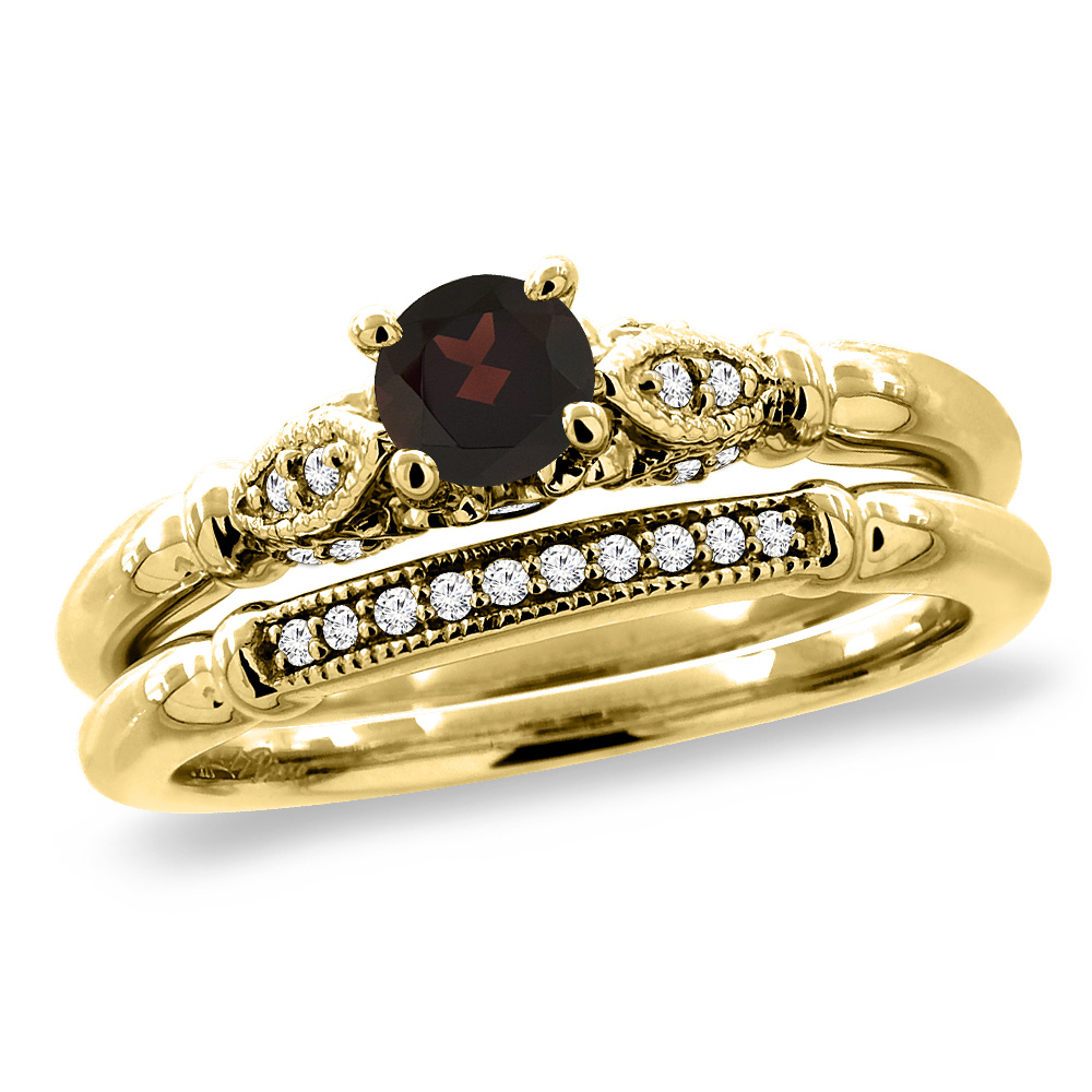 14K Yellow Gold Diamond Natural Garnet 2pc Engagement Ring Set Round 4 mm, sizes 5 - 10