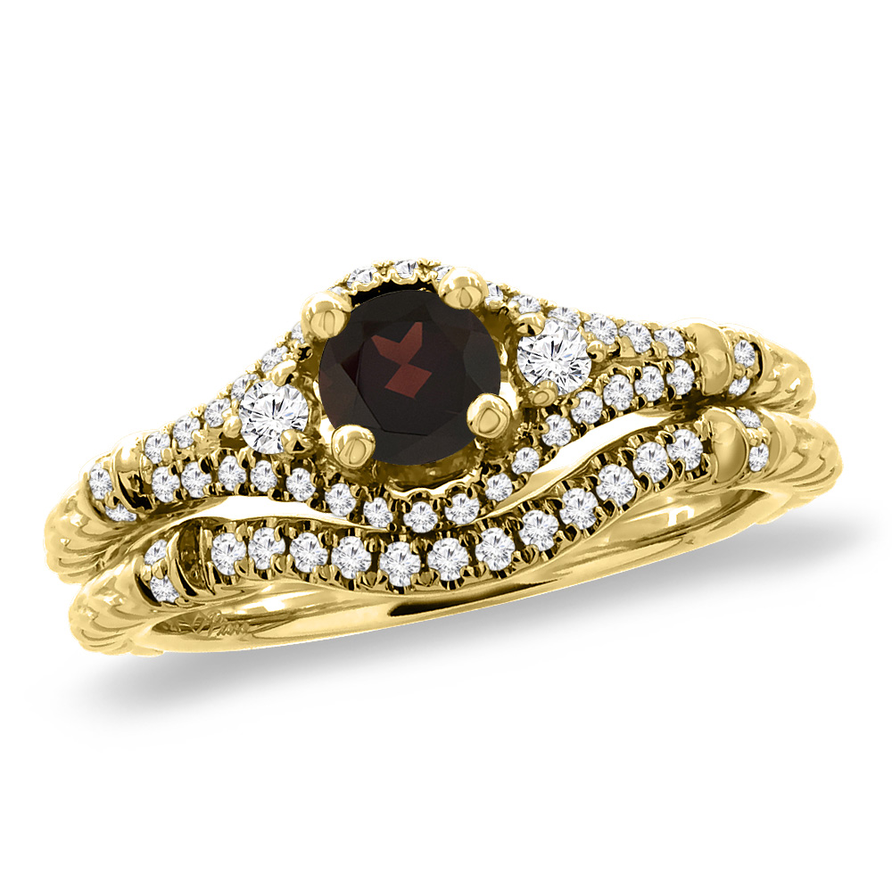 14K Yellow Gold Diamond Natural Garnet 2pc Engagement Ring Set Round 4 mm, sizes 5 - 10