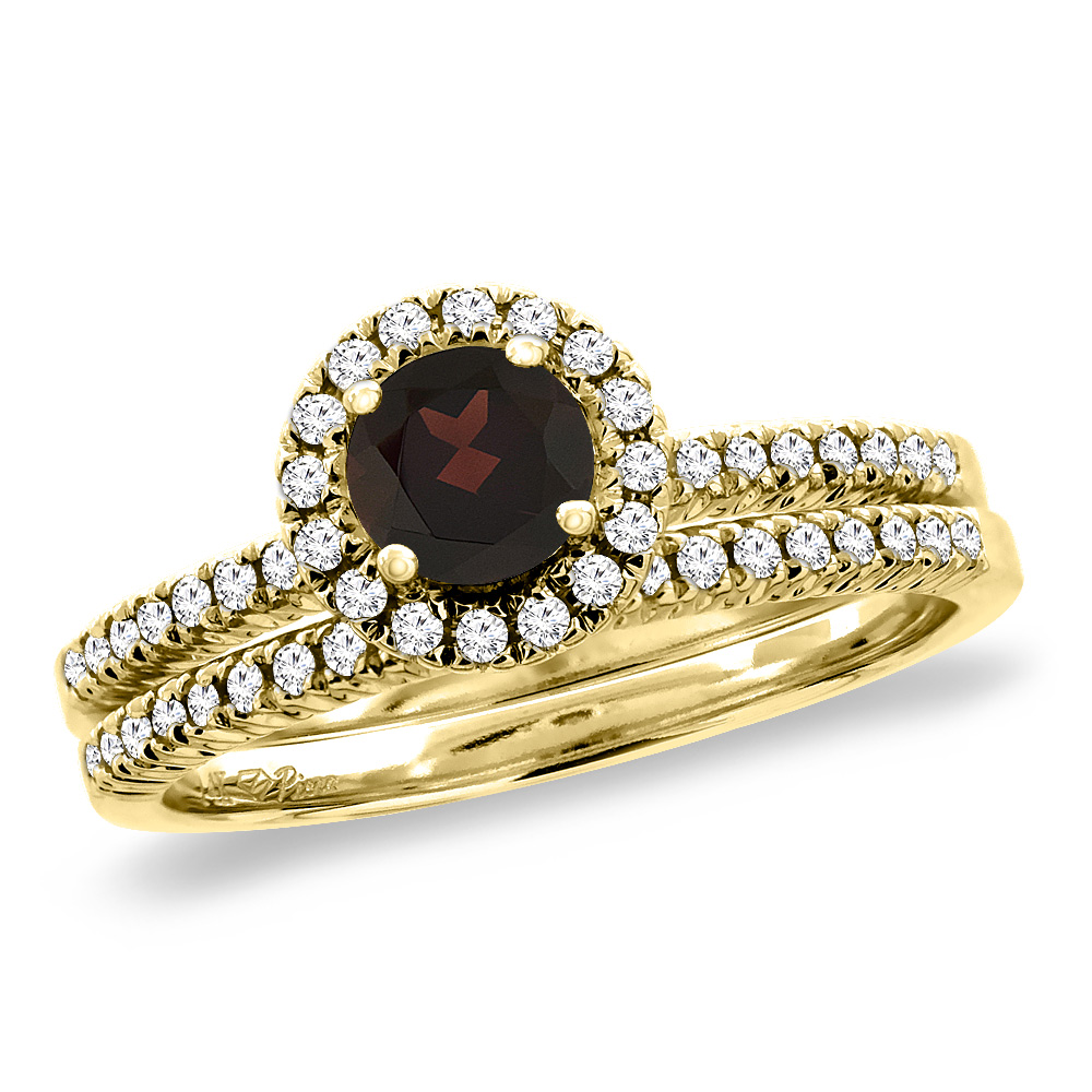 14K Yellow Gold Diamond Natural Garnet 2pc Halo Engagement Ring Set Round 4 mm, size5-10
