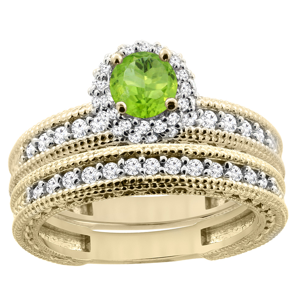 14K Yellow Gold Diamond Natural Peridot Round 4mm Engagement Ring 2-piece Set, sizes 5 - 10