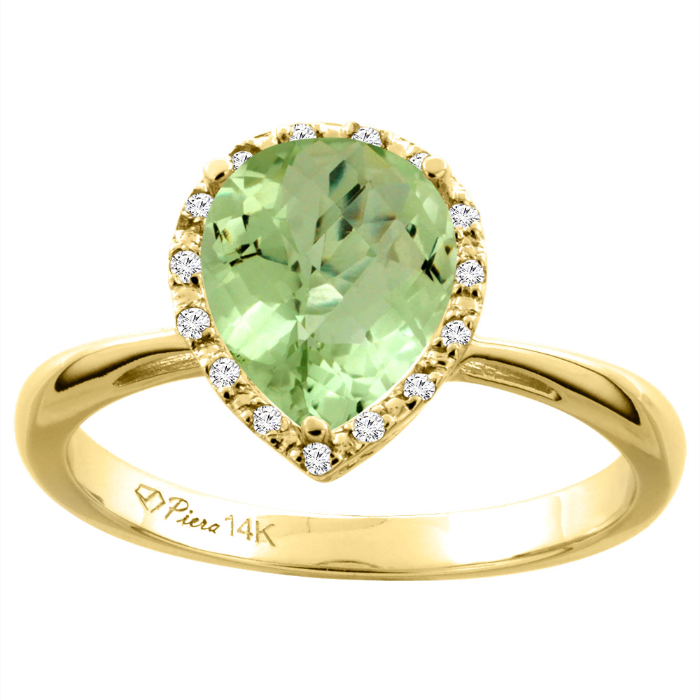 14K Yellow Gold Natural Peridot & Diamond Halo Engagement Ring Pear Shape 9x7 mm, sizes 5-10