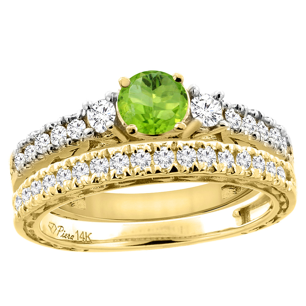 14K Yellow Gold Diamond Natural Peridot Engagement 2-pc Ring Set Engraved Round 6 mm, sizes 5 - 10