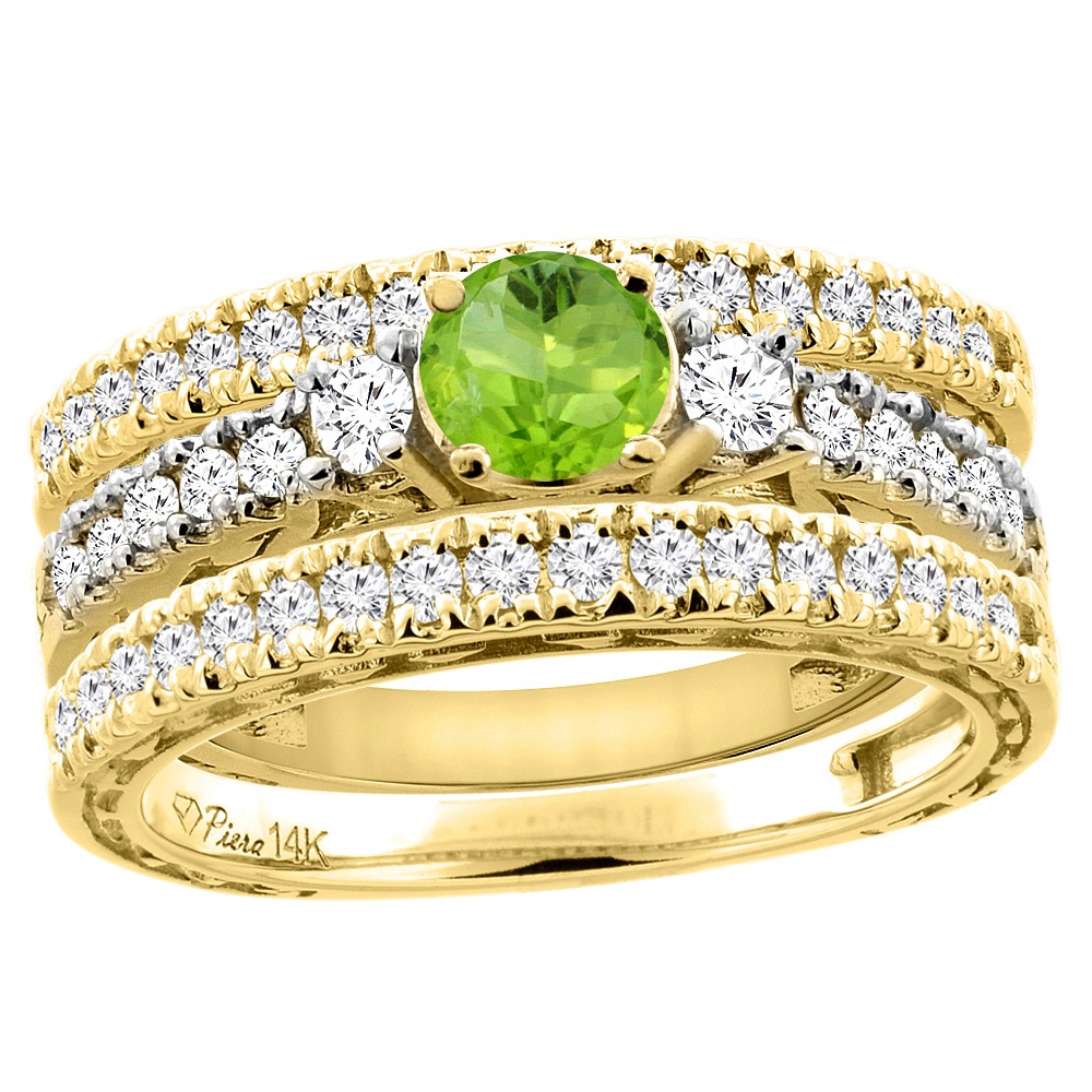 14K Yellow Gold Diamond Natural Peridot Engagement 3-pc Ring Set Engraved Round 6 mm, sizes 5 - 10