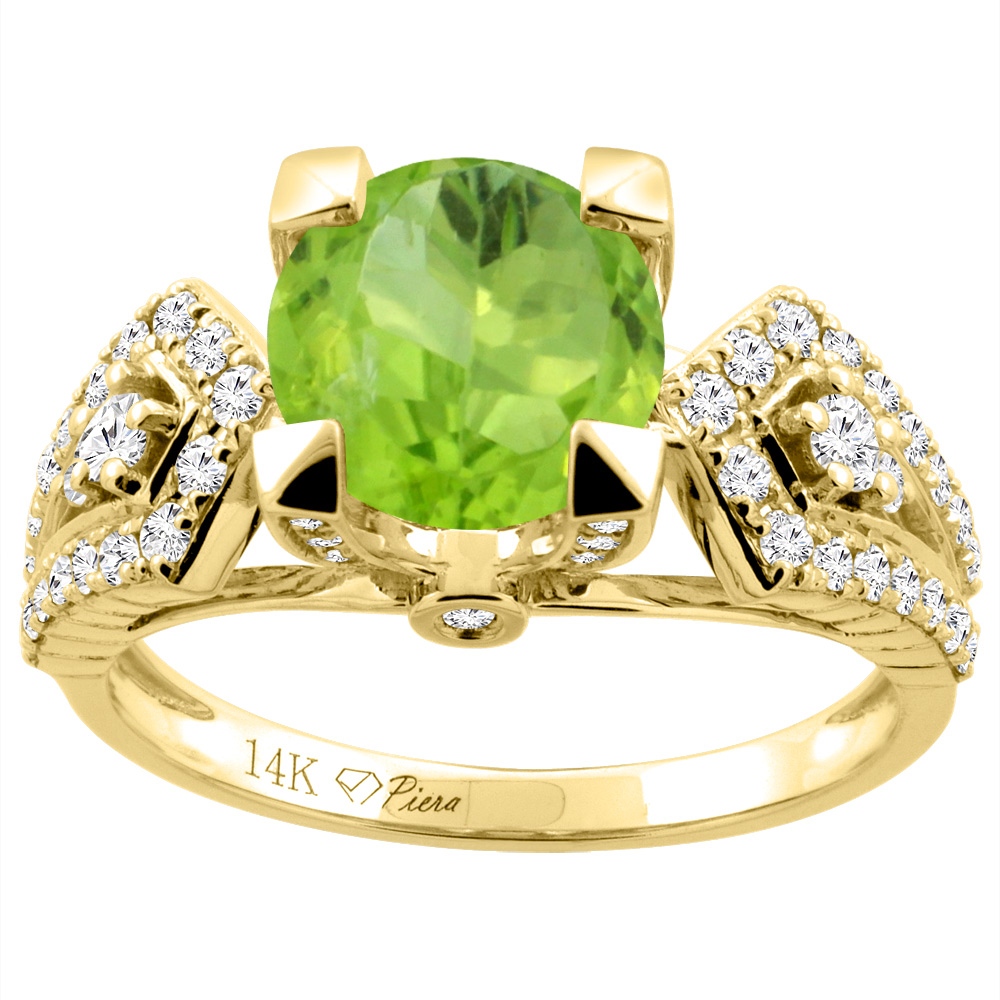 14K Gold Natural Peridot Ring Round 7 mm Diamond Accents, sizes 5 - 10