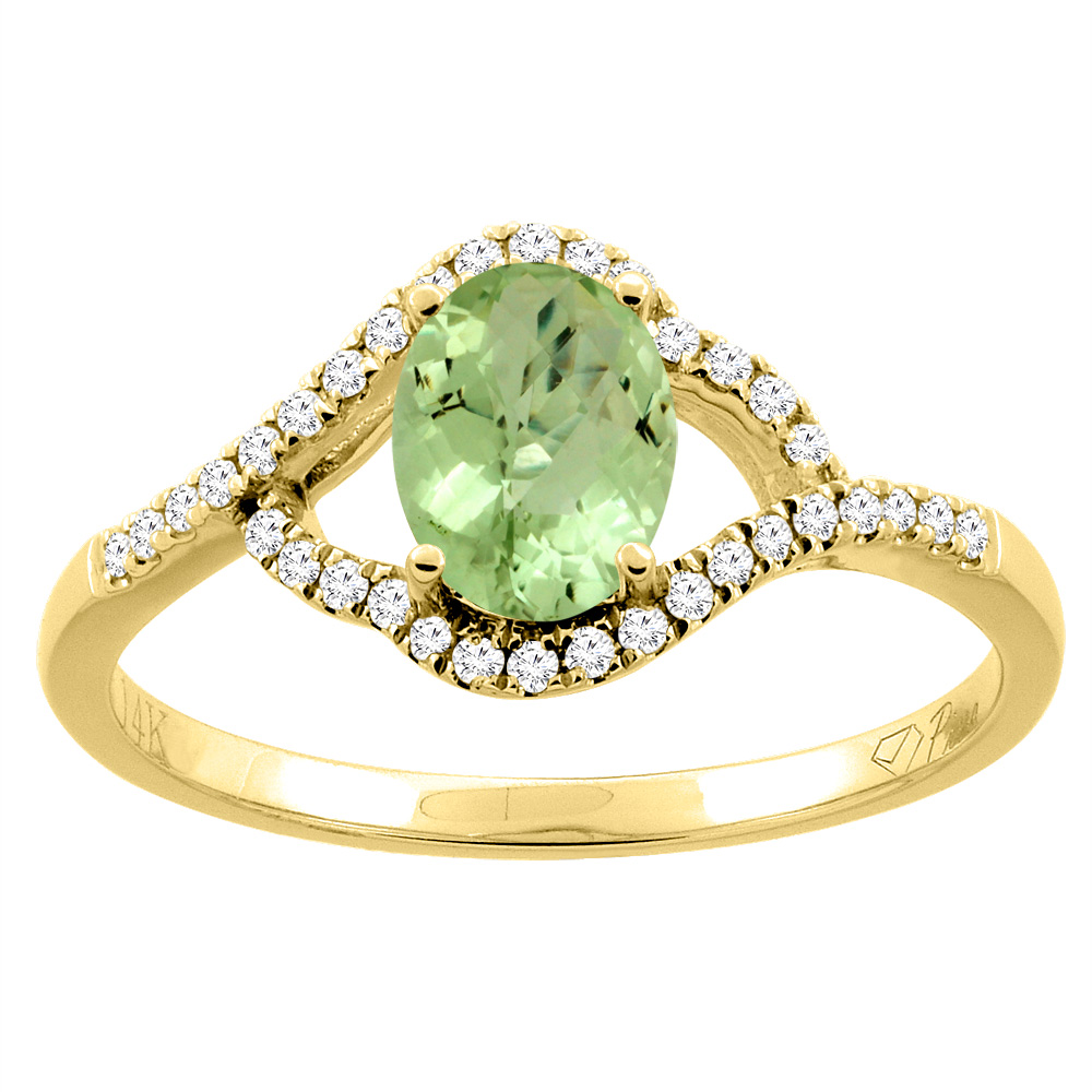14K Gold Diamond Natural Peridot Engagement Ring Oval 7x5 mm, sizes 5 - 10