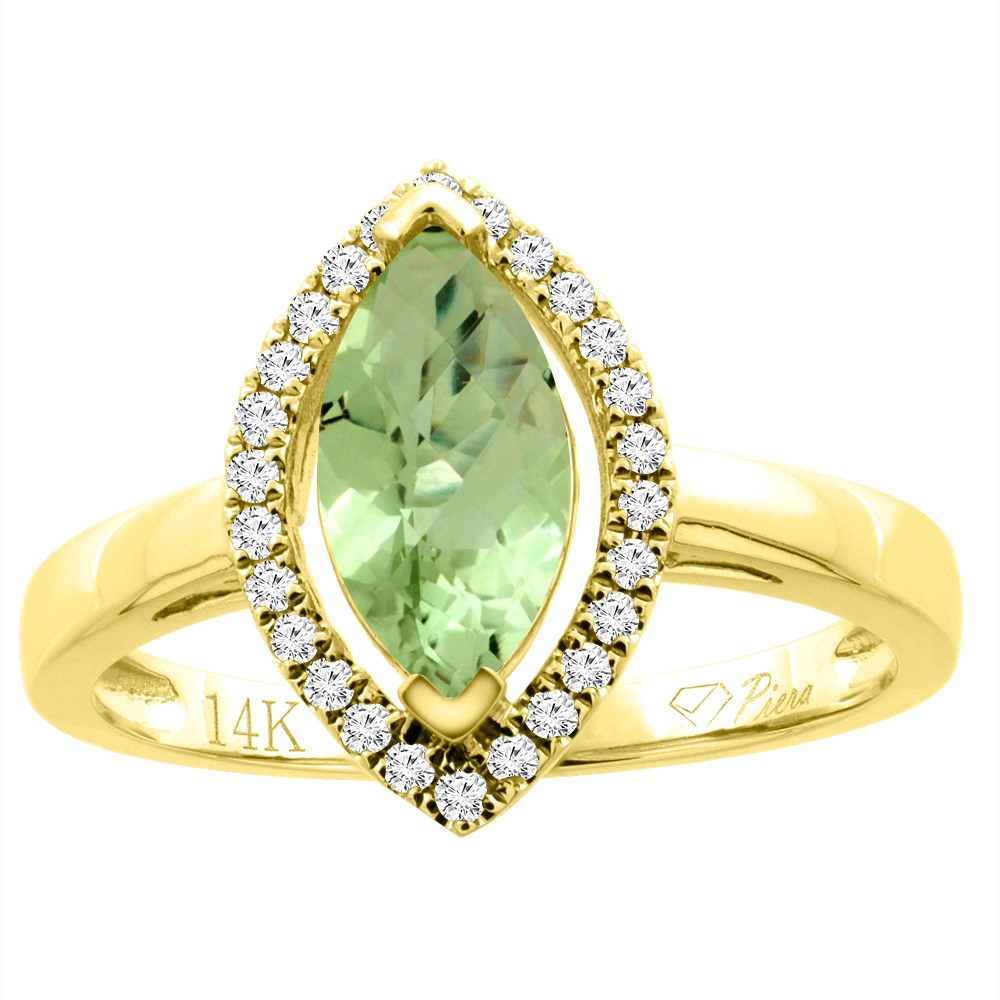 14K Gold Natural Peridot Halo Ring Marquise 10x5 mm Diamond Accents, sizes 5 - 10