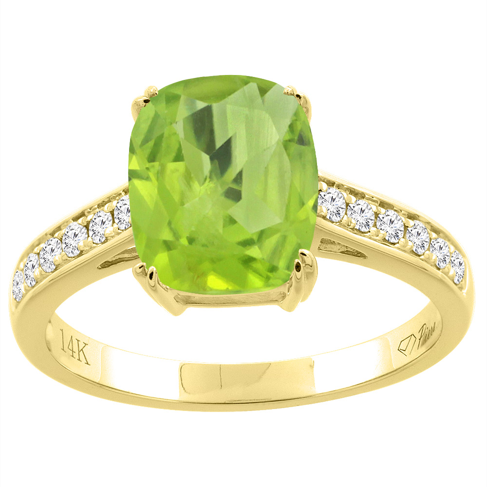 14K Gold Natural Peridot Ring Cushion Cut 9x7 mm Diamond Accents, sizes 5 - 10