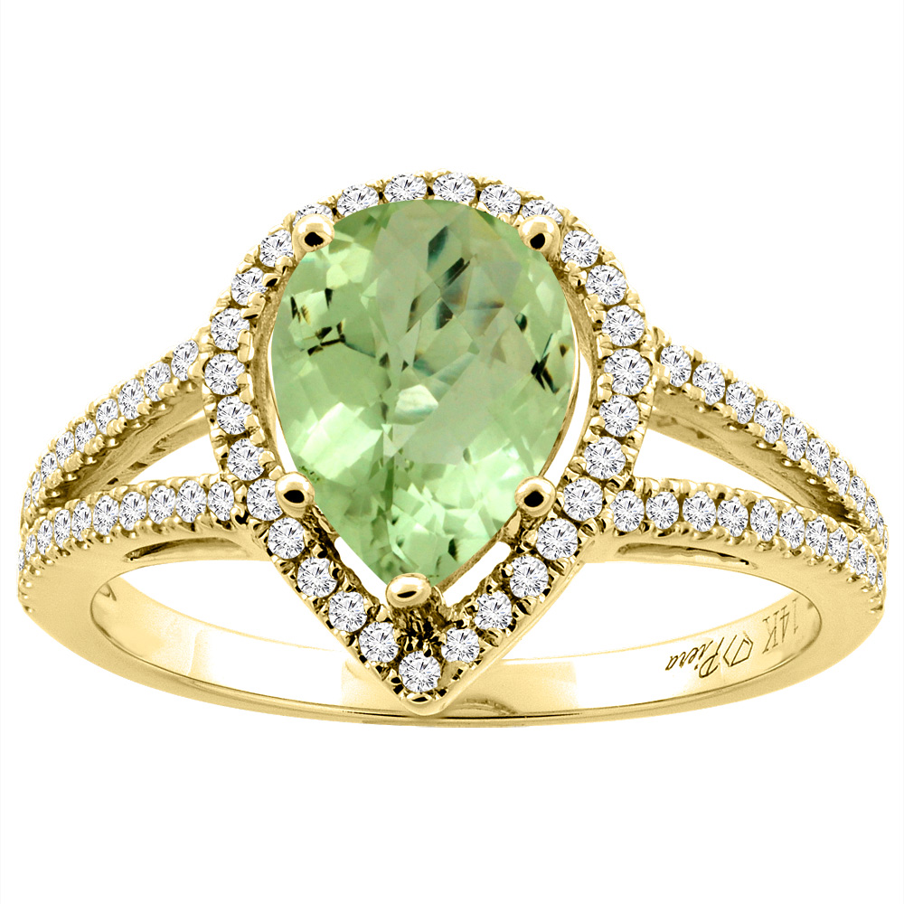 14K Gold Natural Peridot Ring Pear Shape 9x7 mm Diamond Accents, sizes 5 - 10