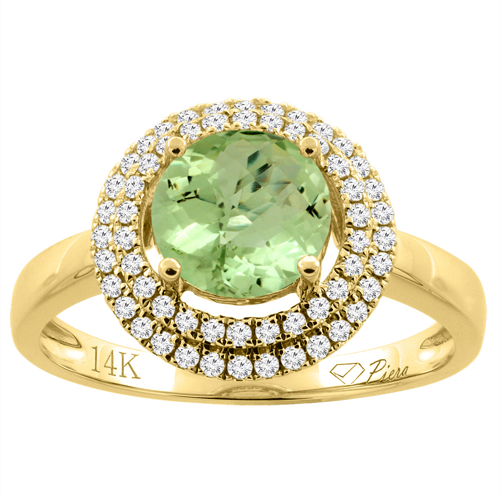 14K Gold Natural Peridot Ring Round 7 mm Double Halo Diamond Accents, sizes 5 - 10