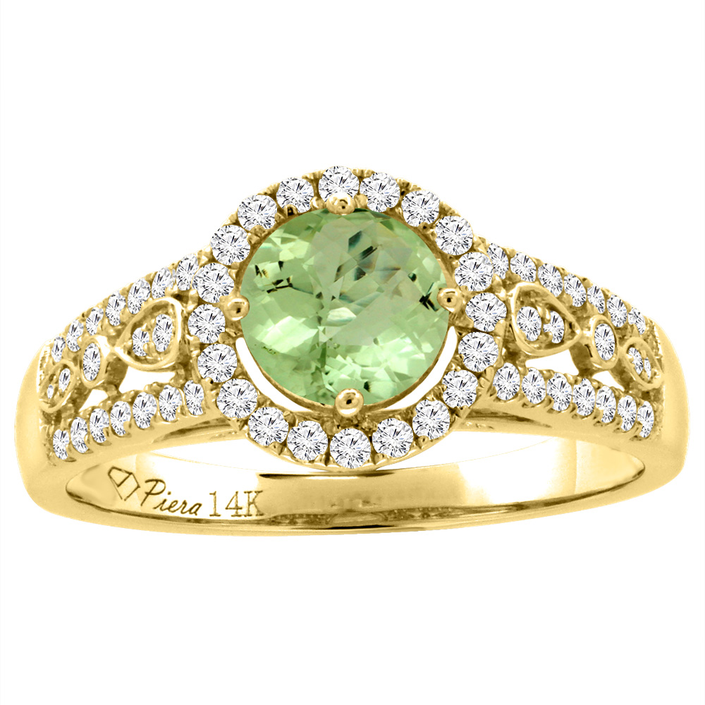 14K Yellow Gold Diamond Natural Peridot Engagement Halo Ring Round 7 mm, sizes 5-10