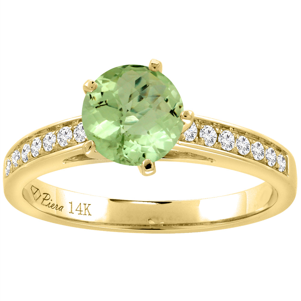 14K Yellow Gold Diamond Natural Peridot Engagement Ring Round 7 mm, sizes 5-10