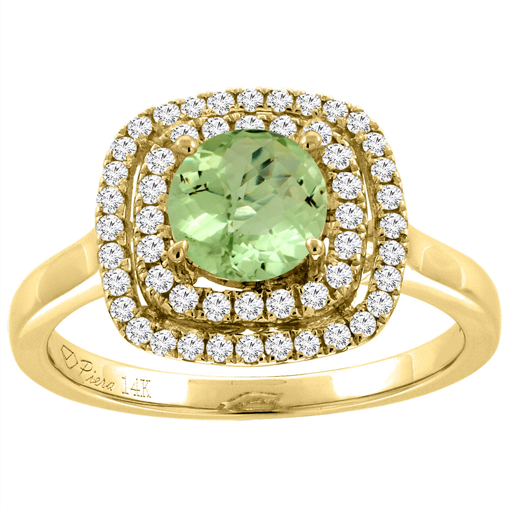 14K Yellow Gold Natural Peridot Double Halo Diamond Engagement Ring Round 7 mm, sizes 5-10