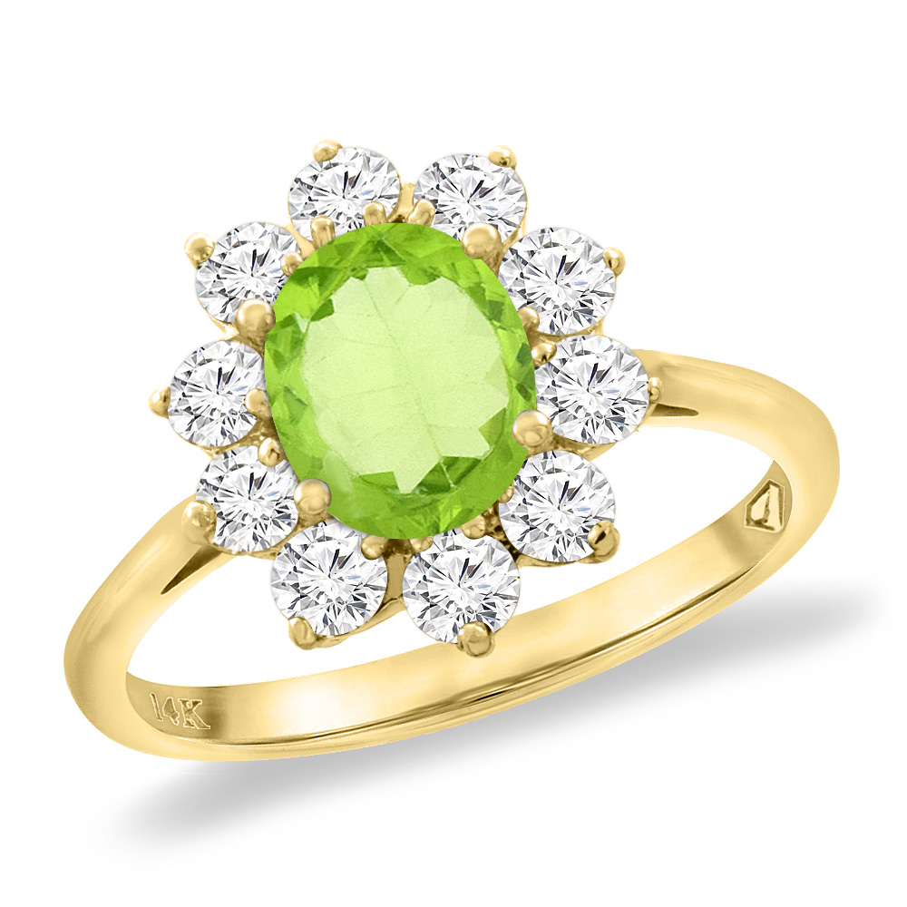 14K Yellow Gold Diamond Natural Peridot Engagement Ring Oval 8x6 mm, sizes 5 -10