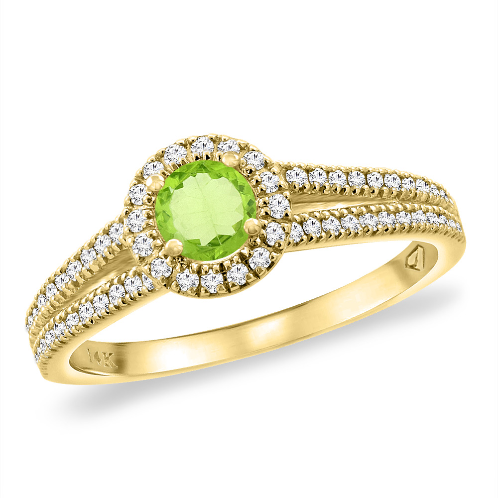 14K Yellow Gold Natural Peridot Split Shank Diamond Halo Engagement Ring 4mm Round, sizes 5 -10