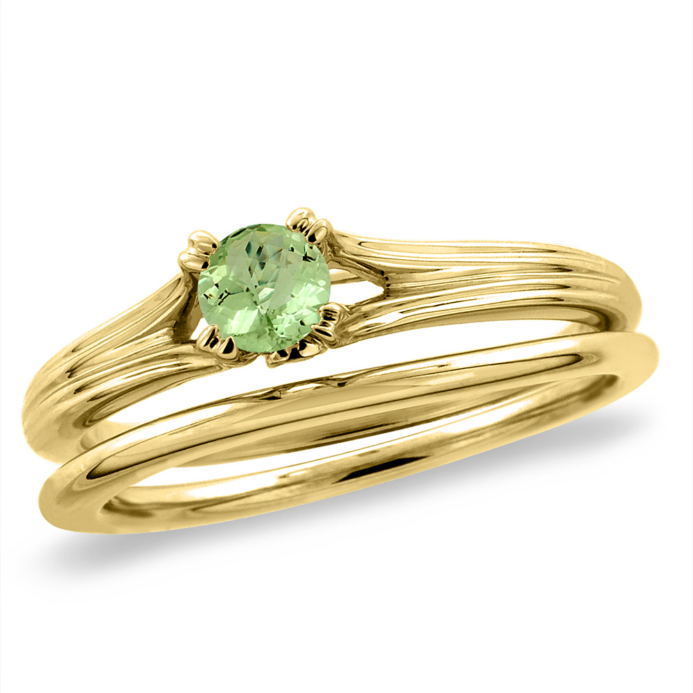 14K Yellow Gold Diamond Natural Peridot 2pc Solitaire Engagement Ring Set Round 6 mm, sizes 5-10