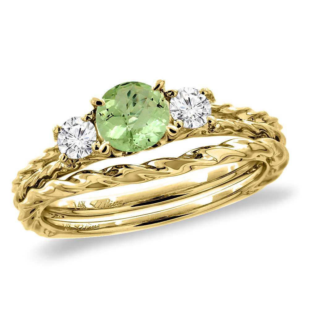 14K Yellow Gold Diamond Natural Peridot 2pc Engagement Ring Set Round 6mm Twisted, sizes 5-10