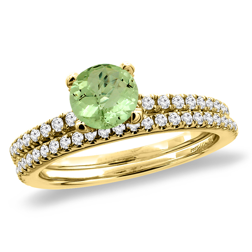 14K Yellow Gold Diamond Natural Peridot 2pc Engagement Ring Set Round 5 mm, sizes 5-10