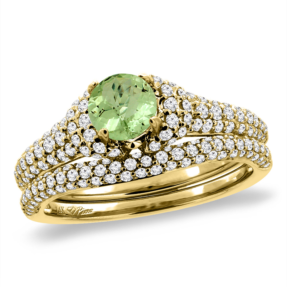 14K Yellow Gold Diamond Natural Peridot 2pc Engagement Ring Set Round 5 mm, sizes 5-10