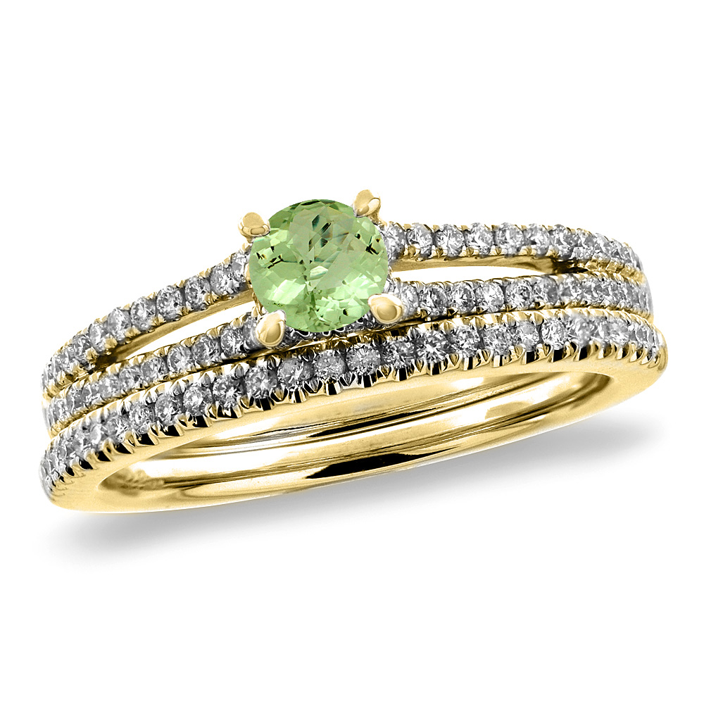 14K Yellow Gold Diamond Natural Peridot 2pc Engagement Ring Set Round 5 mm, sizes 5-10