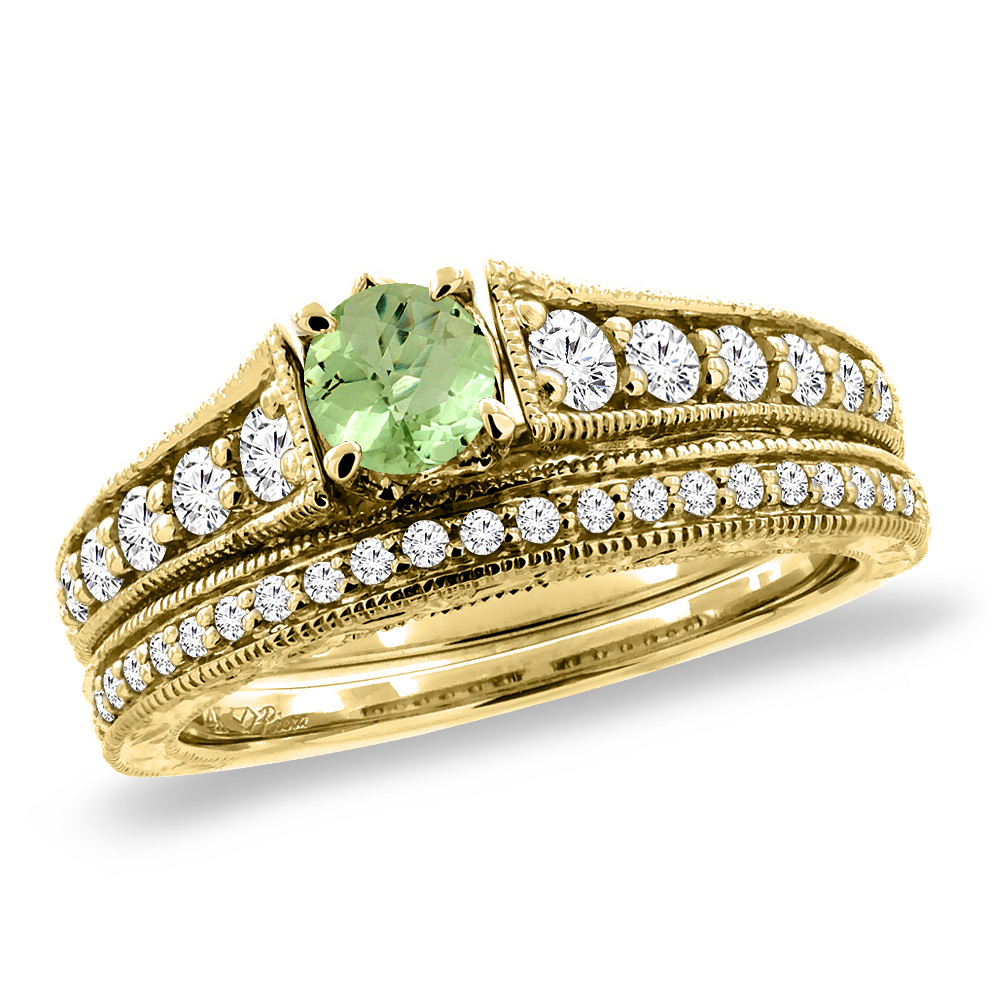 14K Yellow Gold Diamond Natural Peridot 2pc Engagement Ring Set Round 5 mm, sizes 5-10