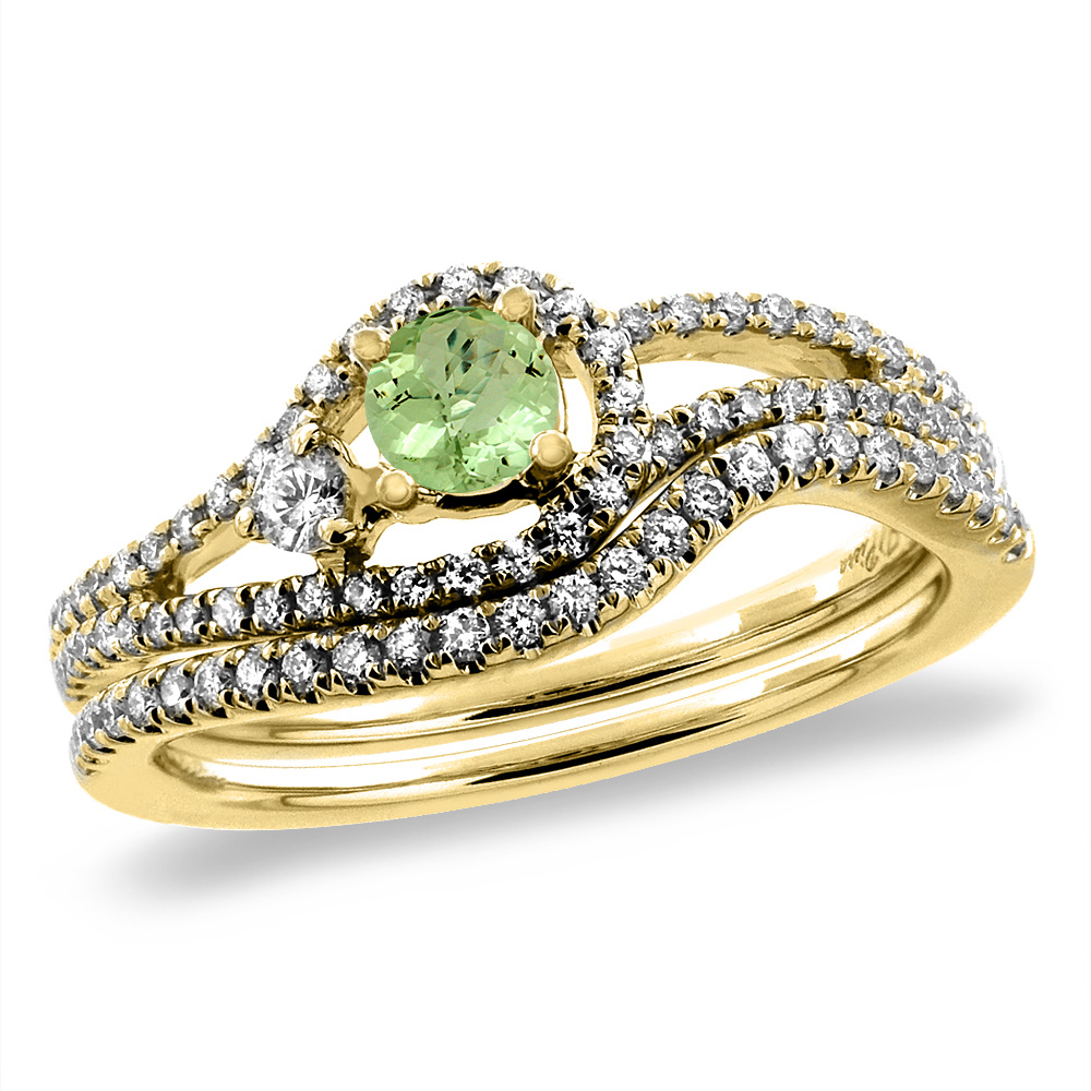 14K Yellow Gold Diamond Natural Peridot 2pc Engagement Ring Set Round 5 mm, sizes 5-10
