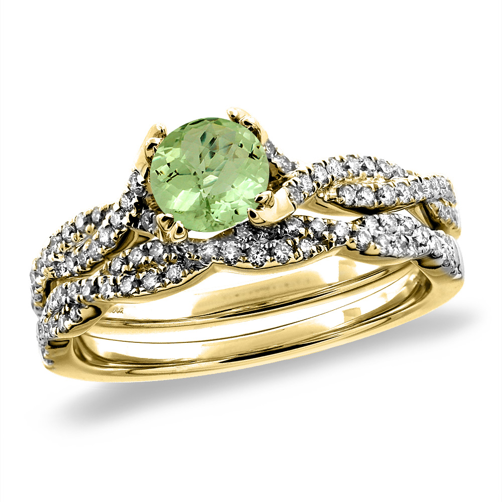 14K White/Yellow Gold Diamond Natural Peridot 2pc Infinity Engagement Ring Set Round 5 mm, sz 5-10