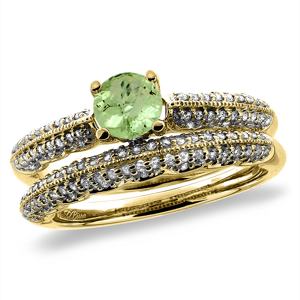 14K Yellow Gold Diamond Natural Peridot 2pc Engagement Ring Set Round 5 mm, sizes 5-10