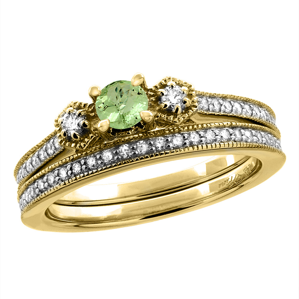 14K Yellow Gold Diamond Natural Peridot 2pc Engagement Ring Set Round 4 mm, sizes 5 - 10