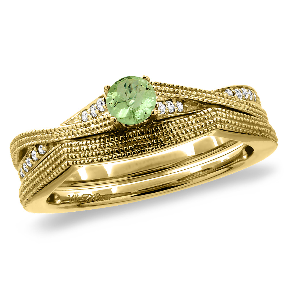 14K Yellow Gold Diamond Natural Peridot 2pc Engagement Ring Set Round 4 mm, sizes 5 - 10