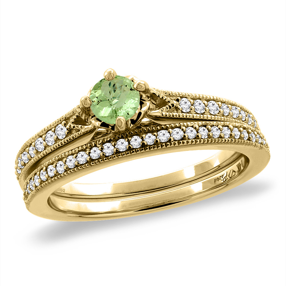 14K Yellow Gold Diamond Natural Peridot 2pc Engagement Ring Set Round 4 mm, sizes 5 - 10