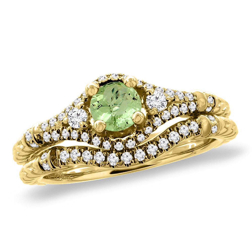 14K Yellow Gold Diamond Natural Peridot 2pc Engagement Ring Set Round 4 mm, sizes 5 - 10