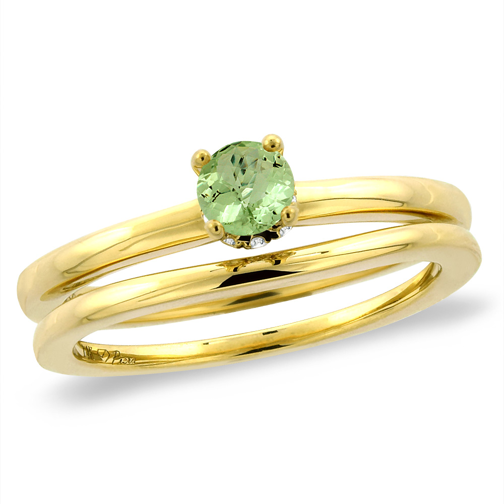 14K Yellow Gold Diamond Natural Peridot 2pc Solitaire Engagement Ring Set Round 4 mm, size5-10