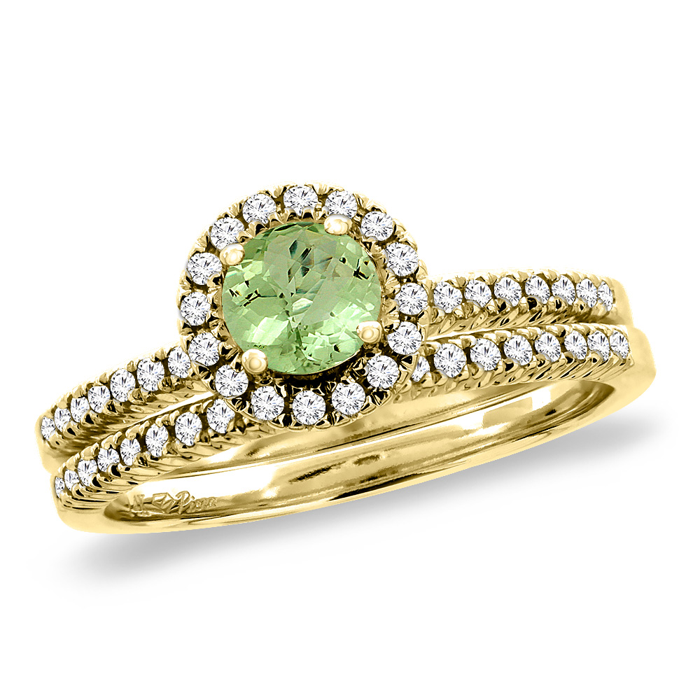 14K Yellow Gold Diamond Natural Peridot 2pc Halo Engagement Ring Set Round 4 mm, size5-10
