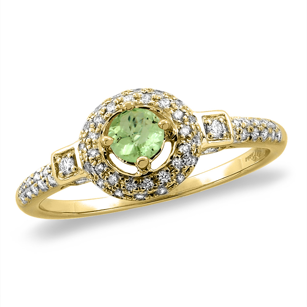 14K White/Yellow Gold Diamond Natural Peridot Halo Engagement Ring Round 4 mm, sizes 5 -10