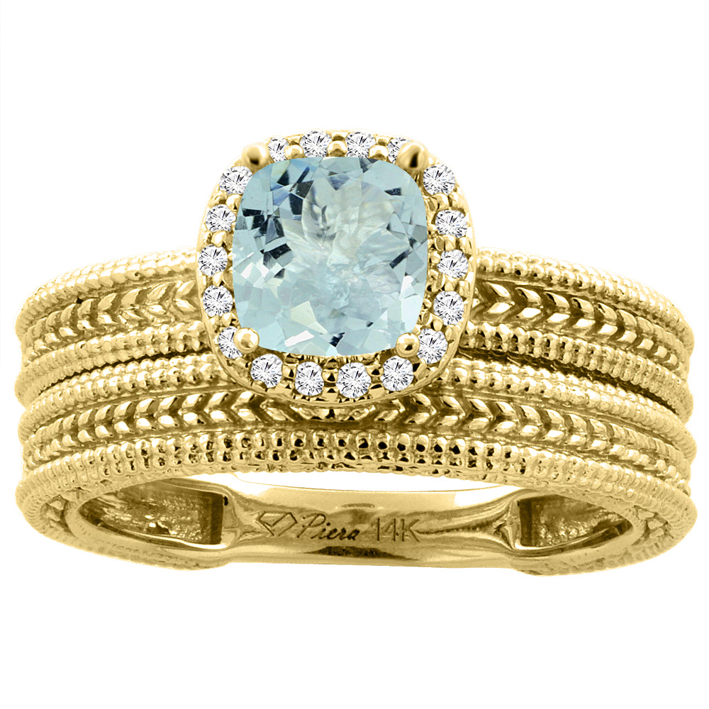 14K Yellow Gold Diamond Natural Aquamarine 2-pc Engagement Ring Set Cushion 7x7 mm, sizes 5-10