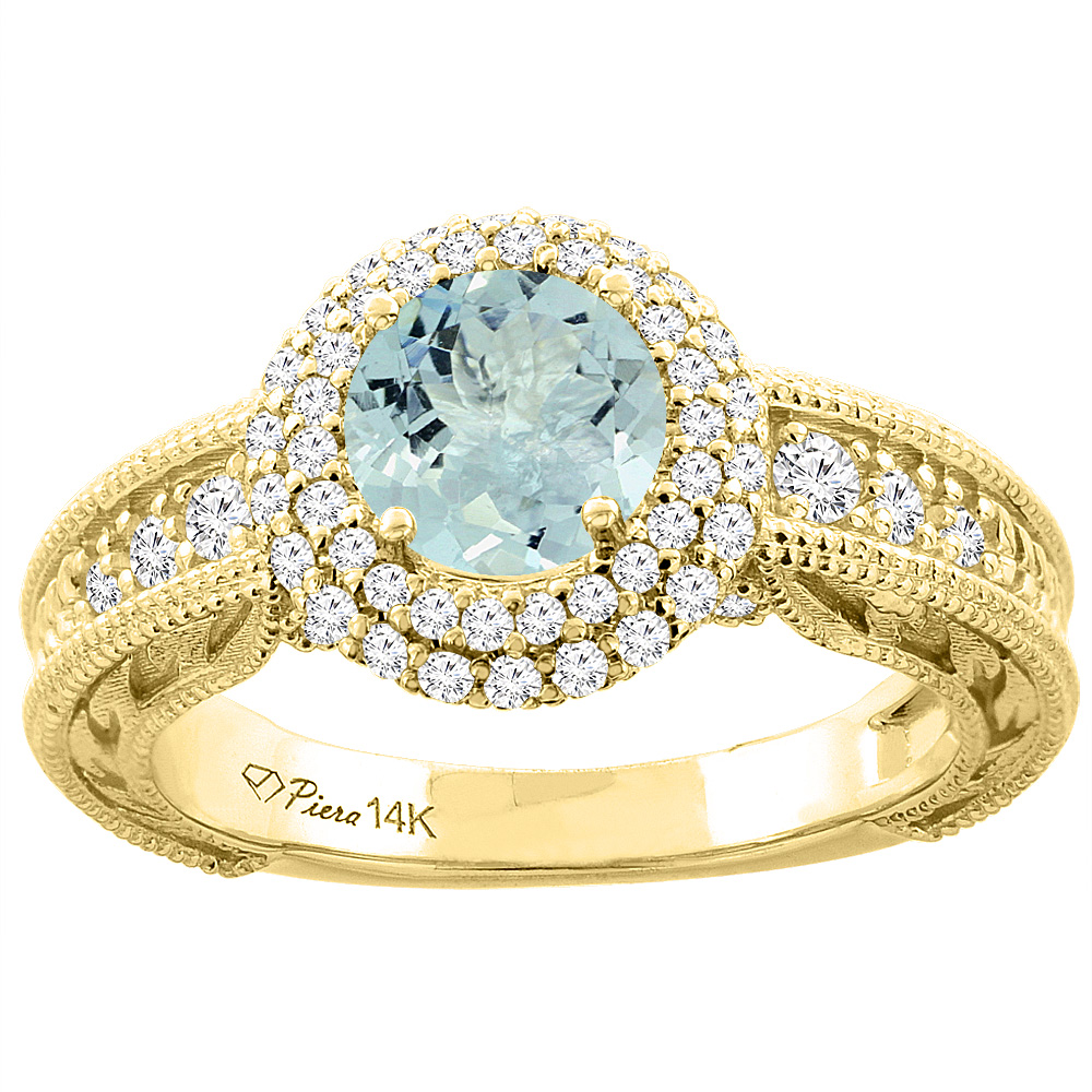 14K Yellow Gold Natural Aquamarine & Diamond Halo Ring Round 6 mm, sizes 5-10