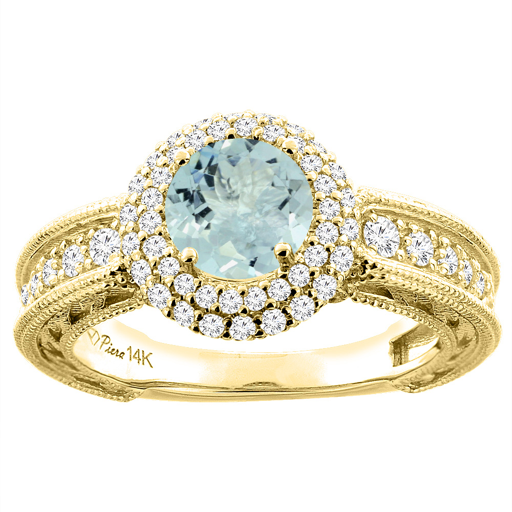 14K Yellow Gold Natural Aquamarine & Diamond Halo Ring Round 6 mm, sizes 5-10