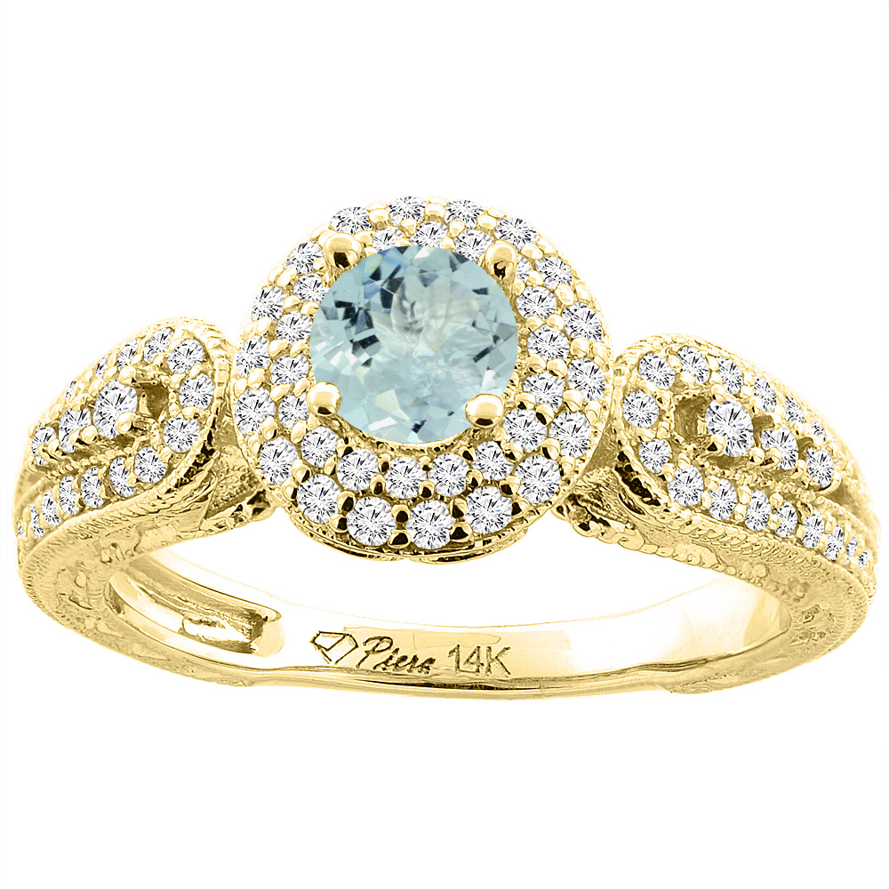 14K Yellow Gold Natural Aquamarine & Diamond Halo Ring Round 5 mm, sizes 5-10