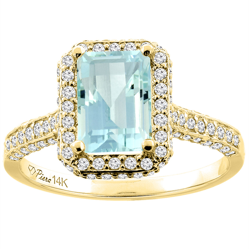 14K Yellow Gold Natural Aquamarine Engagement Ring Octagon 8x6 mm, sizes 5-10