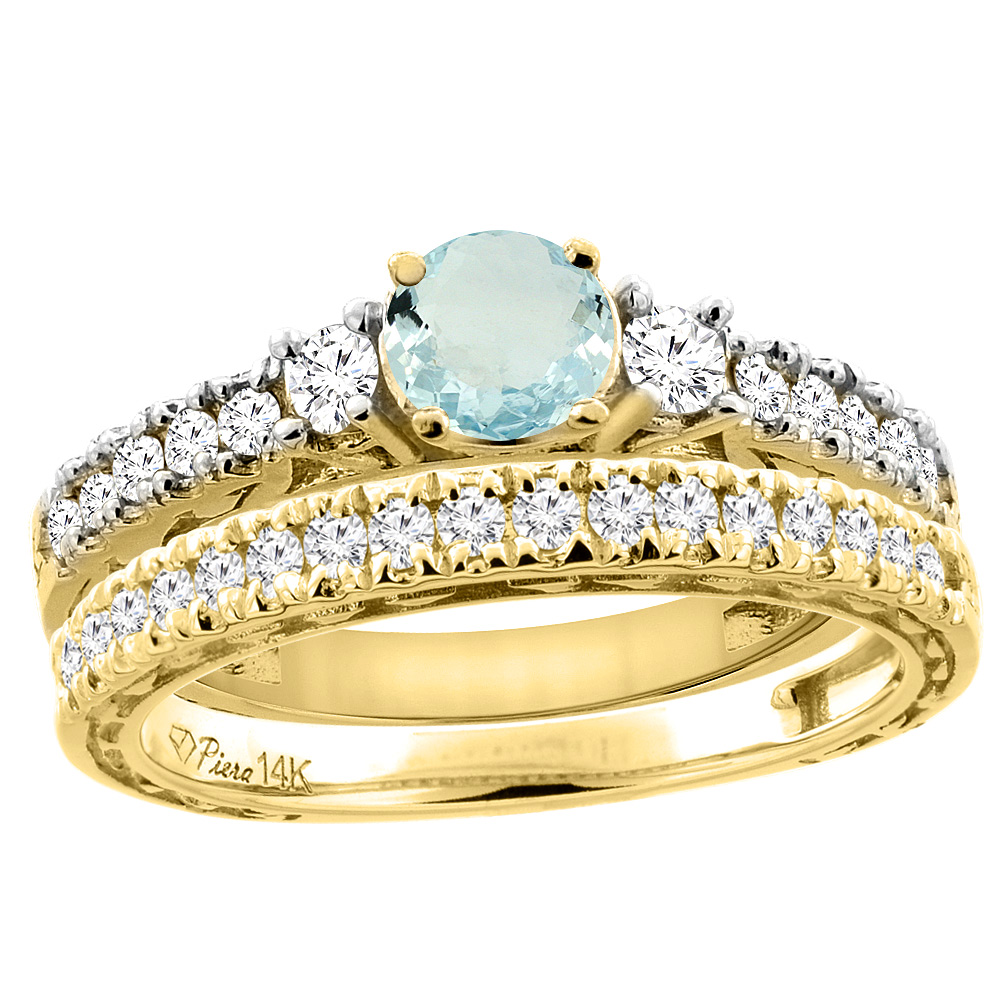14K Yellow Gold Diamond Natural Aquamarine Engagement 2-pc Ring Set Engraved Round 6 mm, sizes 5 - 10