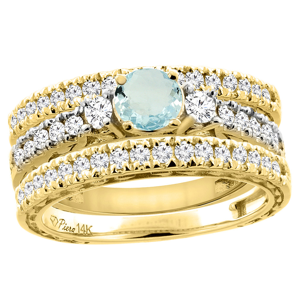 14K Yellow Gold Diamond Natural Aquamarine Engagement 3-pc Ring Set Engraved Round 6 mm, sizes 5 - 10