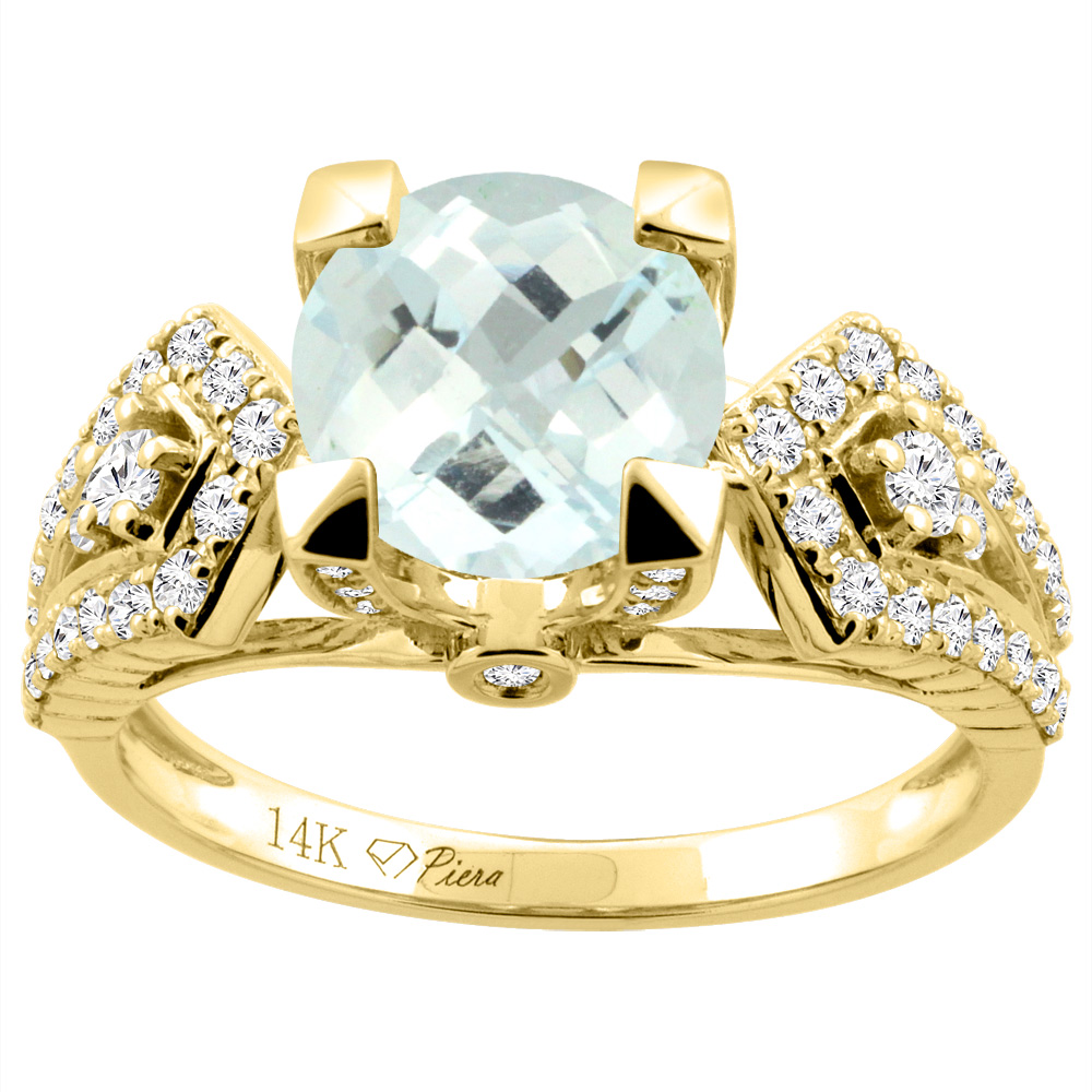14K Gold Natural Aquamarine Ring Round 7 mm Diamond Accents, sizes 5 - 10