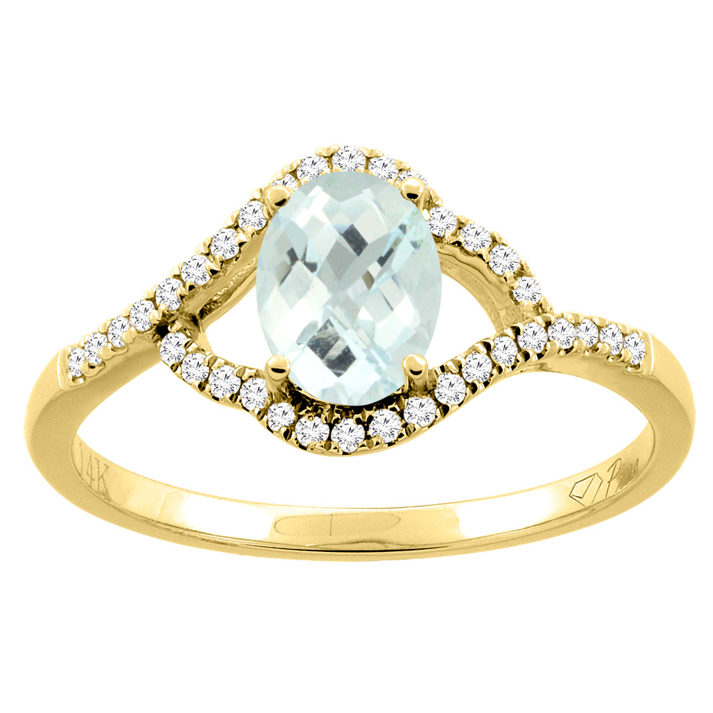 14K Gold Diamond Natural Aquamarine Engagement Ring Oval 7x5 mm, sizes 5 - 10