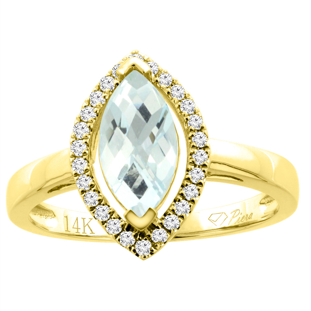 14K Gold Natural Aquamarine Halo Ring Marquise 10x5 mm Diamond Accents, sizes 5 - 10