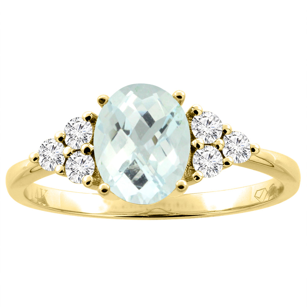 14K Gold Natural Aquamarine Ring Oval 8x6 mm Diamond Accents, sizes 5 - 10